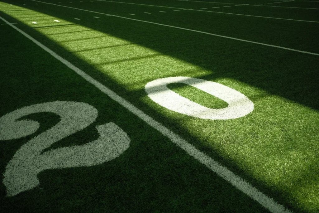 Close-up of the 20-yard line on a synthetic turf football field, with dramatic light and shadow across the field markings